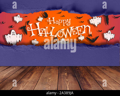 Halloween Konzept mit Holztisch, Fledermäuse und Gespenster. Platz für Text, Banner, Poster, Grußkarten, Party Einladung. Stockfoto