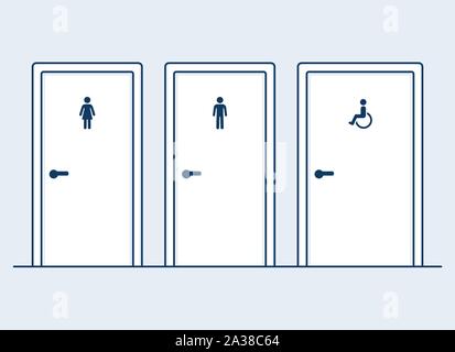 Männlich, Weiblich und behindertengerechte Toiletten, einfache und moderne Wohnung cartoon Vector Illustration. Mann, Frau und Behinderte (Rollstuhlfahrer) Symbole auf Bad d Stock Vektor