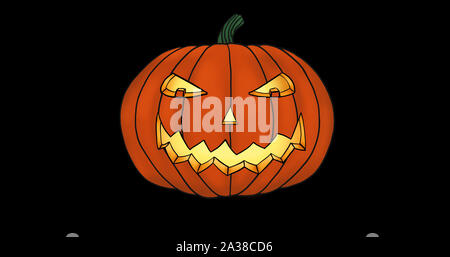 Grinsend Halloween Kürbis Abbildung leuchtet von innen mit einer Kerze auf Schwarz. Stockfoto