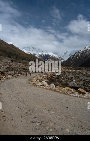 Ein altes Ehepaar nach Hause mit Brennholz bei Chitkul. Stockfoto