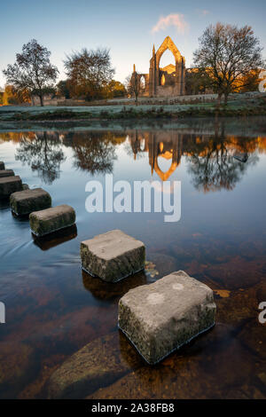 Die Ruinen von Bolton Abbey fangen die ersten direkten Licht an einem frostigen Morgen im Herbst mit Stepping Stones über den River Wharfe im Vordergrund. Stockfoto