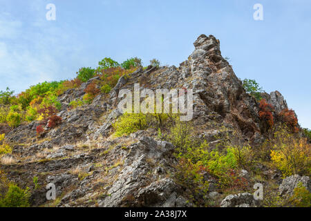 Lebendige Farben des Herbstes in einem Wald auf eine felsige Klippe in eine enge Schlucht in Serbien, mit roten, grünen und gelben Bäume unter einem blauen Himmel Stockfoto