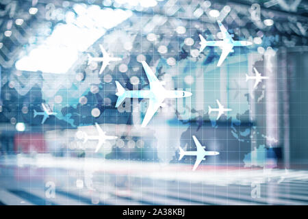 Weltkarte mit Flugrouten Flugzeuge. Global Aviation Business Tourismus. Double Exposure Hintergrund. Stockfoto