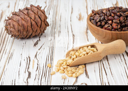 Cedar nuts in der Schüssel und Schaufel Stockfoto