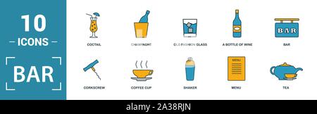 Bar - Restorant Icon Set. Kreative Elemente, Bier, Barkeeper, Shaker, Menü Symbole enthalten. Kann für Bericht, Präsentation, Diagramm verwendet werden, Web Stock Vektor