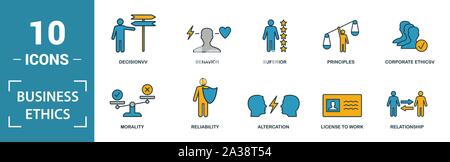 Business Ethics Icon Set. Gehören kreative Elemente csr, Vertrauen, Moral, die Lizenz zu arbeiten, Rentabilität Symbole. Kann für den Bericht verwendet, Präsentation. Stock Vektor