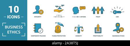 Business Ethics Icon Set. Gehören kreative Elemente csr, Vertrauen, Moral, die Lizenz zu arbeiten, Rentabilität Symbole. Kann für den Bericht verwendet, Präsentation. Stock Vektor