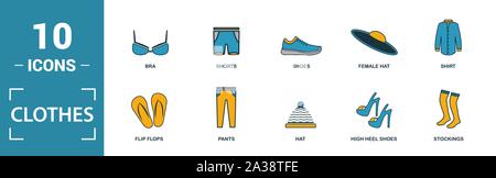 Kleidung Icon Set. Gehören kreative Elemente t-shirt, Jacke, Hose, Socken, Schuhe Symbole. Kann für Bericht, Präsentation, Grafik, Web Design Stock Vektor