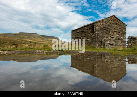 Alte Yorkshire Scheune in eine Pfütze mit Wildschwein fiel Berg im Hintergrund, Mallerstang Dale, Yorkshire Dales National Park, GB Lan wider Stockfoto