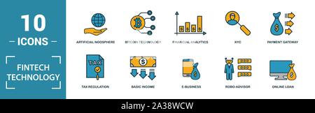 Fintech Technologie Icon Set. Kreative Elemente Grundeinkommen, bitcoin Technologie, online kredit, Kyc, Geschäftsmodell Symbole enthalten. Kann verwendet werden für Stock Vektor