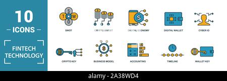 Fintech Technologie Icon Set. Kreative Elemente Grundeinkommen, bitcoin Technologie, online kredit, Kyc, Geschäftsmodell Symbole enthalten. Kann verwendet werden für Stock Vektor