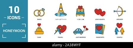 Hochzeitsreise Icon Set. Gehören kreative Elemente reisen, Just Married, Abendessen, Eber, Reise, Kuchen Symbole. Kann für Bericht, Präsentation, Diagramm verwendet werden, Web Stock Vektor