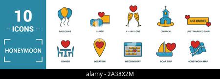 Hochzeitsreise Icon Set. Gehören kreative Elemente reisen, Just Married, Abendessen, Eber, Reise, Kuchen Symbole. Kann für Bericht, Präsentation, Diagramm verwendet werden, Web Stock Vektor