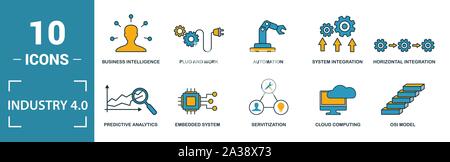 Industrie 4.0 Icon Set. Kreative Elemente Automation gehören, Data Management, Business Intelligence, horizontale Integration, OSI-Modell Symbole. Werden Können Stock Vektor