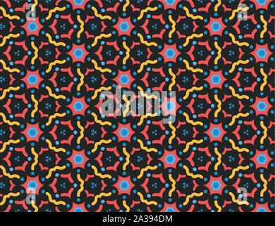 Vektor nahtlose geometrische Muster. Rot, Blau, Gelb gewellte Linien, Formen auf schwarzem Hintergrund. Stock Vektor