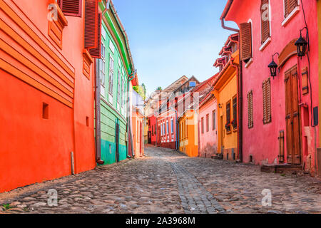 Sighisoara, Rumänien. Mittelalterliche Straße mit Uhrturm in Siebenbürgen. Stockfoto