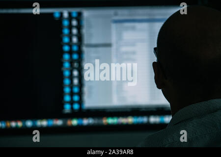 Entwickler, die hinter dem Schreibtisch, Analyse der Darstellung auf dem Monitor Stockfoto