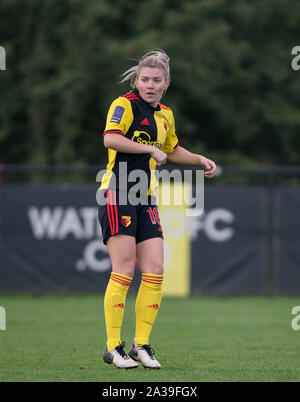 Hempstead Road, UK. 06 Okt, 2019. Danielle Scanlon von Watford FC Damen während der FA Frauen nationale Liga Süd Spiel zwischen FC Watford Damen und Oxford United Frauen an gaywood Park, Hempstead Road, England am 6. Oktober 2019. Foto von Andy Rowland. Credit: PRiME Media Images/Alamy leben Nachrichten Stockfoto