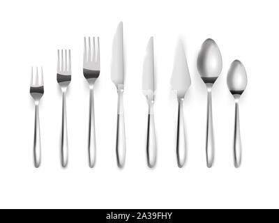 Realistiny Satz silberne Besteck. Ansicht von Oben. Messer, Gabeln, Löffel aus Metall Stock Vektor