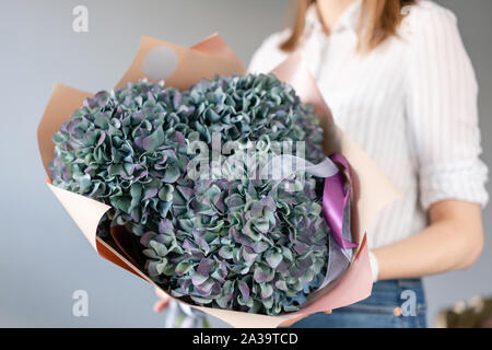 Blumenstrauß aus violetten und grünen Blumen. Wunderschöne Hortensienblüten in womans Hände. Die Arbeit der Florist in einem Blumenladen. Frische Schnittblume. Stockfoto