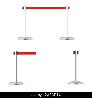 Gurtabroller stanchion eingestellt. Tragbare ribbon Barriere. Rot gestreifte Gefahr fechten Band. Stock Vektor