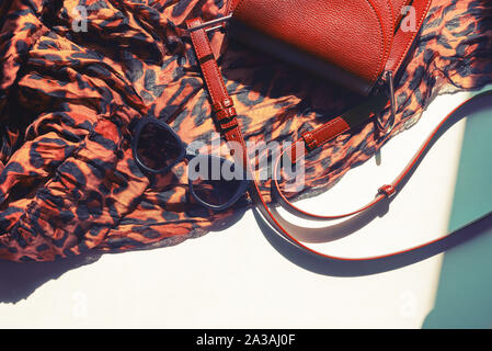 Frauen Zubehör Licht schal Leopard Print schwarz Brille Tasche. Platz kopieren Stockfoto