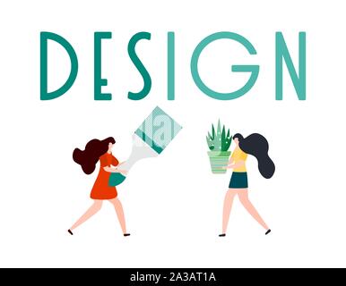 Vector Illustration mit Menschen mit Tools für Malerarbeiten, design Inschrift. Malerei, Reparatur von Räumlichkeiten. Gebäude, Bau, Instandsetzung Stock Vektor