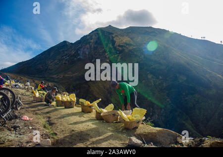 Schwefel Schwefel Miner bringt für Verkauf an Ijen Krater, Banyuwangi, Ost Java, Indonesien Stockfoto