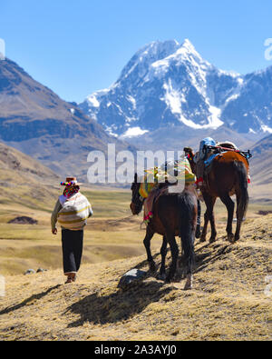 Reiter in der traditionellen Quechua Kleid nach Spuren durch die Anden. Ausangate Trail, Cusco, Peru Stockfoto