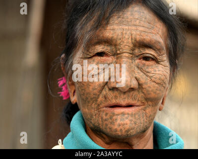 Alte Kinn Kaang tribal Frau mit gepunkteten facial Tattoo und lebte - Gesicht posiert für die Kamera (Kopf geschossen). Stockfoto