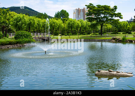 Ruhigen Park in einer geschäftigen Stadt. Ein Spaziergang durch die ruhige Natur, Fische und Schildkröten umgeben Sie dieses atemberaubende Teich zu Hause anrufen. Stockfoto