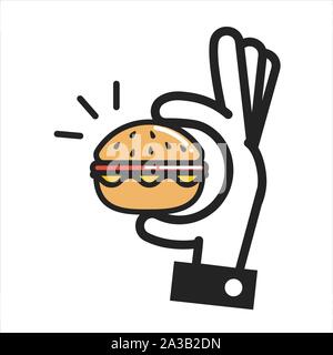 Dünne Linie Symbol Hand mit einem Burger, Fastfood Symbol isoliert auf Weiss. Stock Vektor