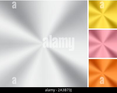 Satz von golden, silber, pink Gold und Kupfer radialer Farbverlauf metallic auf weißem Hintergrund. Realistische Metallfolie. Vector Illustration Stock Vektor