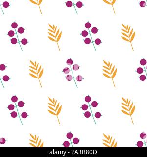 Abstrakte doodle Beeren und Blätter nahtlose Vektor Muster lila orange Weiß. Herbst Blüten und Blätter wiederholen Hintergrund in den Farben des Herbstes. Für Stock Vektor