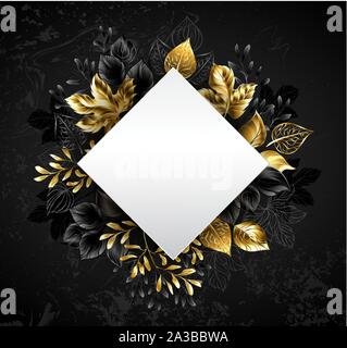 Gold, Herbst, Schmuck Blätter mit weißen Banner in Form eines Rhombus auf Schwarz strukturierten Hintergrund. Stock Vektor