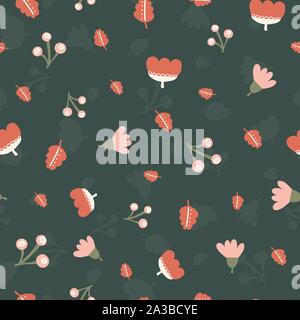 Vereinzelte Blumen Blätter Beeren nahtlose Vektor Hintergrund. Abstrakte Natur Muster rosa rot orange schwarz. Sich wiederholende Textur Scandi Blatt Stock Vektor