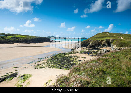 Eine Spring Tide entlarvt die Felsen von Porth Strand in Newquay in Cornwall. Stockfoto