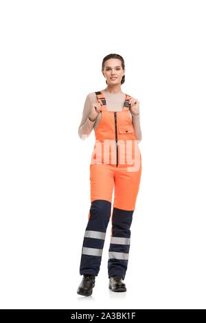 Frau in orange arbeiten Overalls erschossen Stockfoto