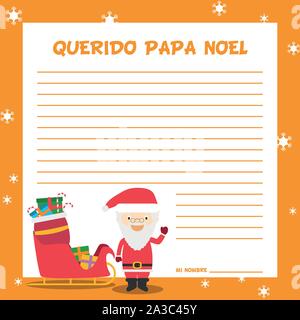 Schreiben Papa Noel template Vector Illustration für Weihnachten auf Spanisch, mit Kind Charakter, Schlitten und Geschenken. Stock Vektor