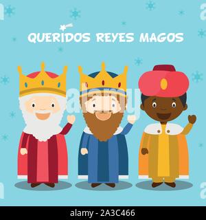 Drei Weisen Vector Illustration für Weihnachten auf Spanisch, mit Kind Zeichen. Stock Vektor