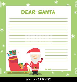 Schreiben Weihnachtsmann template Vector Illustration für Weihnachten, mit Kind Charakter, Schlitten und Geschenken. Stock Vektor