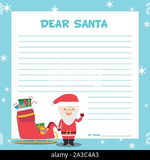 Schreiben Weihnachtsmann template Vector Illustration für Weihnachten, mit Kind Charakter, Schlitten und Geschenken. Stock Vektor