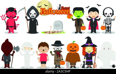 Satz von Halloween Zeichen für Kinder, einschließlich Dracula, Frankenstein, Teufel, Hexe, Skelett, Kürbis, Mama und mehr. Vector Illustration Stock Vektor