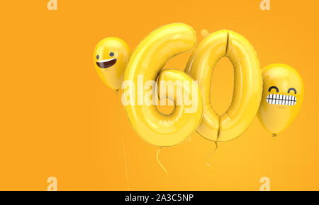 Nummer 60 Geburtstag ballloon mit emoji Gesichter Luftballons. 3D-Rendering Stockfoto