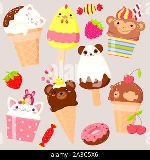 Vektor tierischen geformte Eiscreme - Vanille, Schokolade, Erdbeere. In kawaii Stil mit lächelnden Gesichtern, rosa Wangen und Augen. Katze, Kaninchen, Stock Vektor