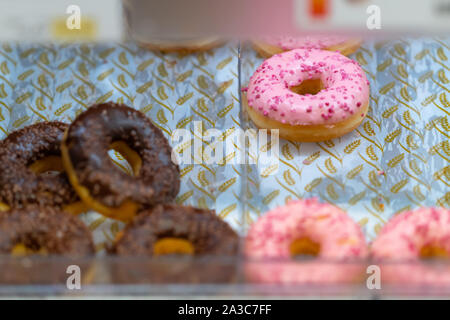 Sortierte iced frischen Donuts auf Anzeige in einer Bäckerei oder Cafeteria Zähler in der Nähe zu sehen. Stockfoto