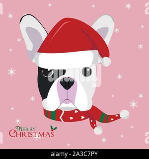 Weihnachten Grußkarte. Französische Bulldogge Hund mit der rote Weihnachtsmütze Stock Vektor
