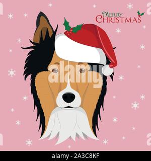 Weihnachten Grußkarte. Collie Rough Hund mit der rote Weihnachtsmütze Stock Vektor