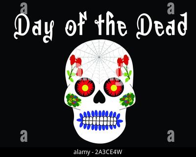 Tag der Toten oder Dia de los Muertos, illustriert mit bunten Schädel auf Schwarz. Stock Vektor