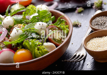 Gemüsesalat mit mocarella Käse, Salat, Tomaten, Radieschen, Gurken, Zwiebeln und Basilikum in Ton Teller Stockfoto